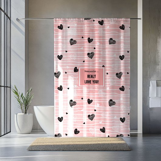 Romantic Love Gift Shower Curtain Pink Black Heart シャワーカーテン