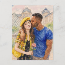 Romantic Love Paris Man Woman Watercolor Postcard ポストカード