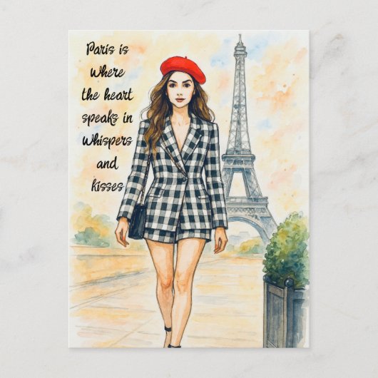 Romantic Love Paris Man Woman Watercolor Postcard ポストカード (正面)