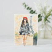 Romantic Love Paris Man Woman Watercolor Postcard ポストカード (スタンド正面)