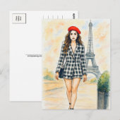 Romantic Love Paris Man Woman Watercolor Postcard ポストカード (正面/裏面)