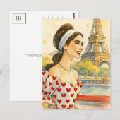 Romantic Love Paris Man Woman Watercolor Postcard ポストカード (正面/裏面)