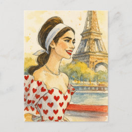 Romantic Love Paris Man Woman Watercolor Postcard ポストカード