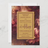 Romantic Luxury Burgundy Gold Roses Wedding Invite 招待状 (正面)