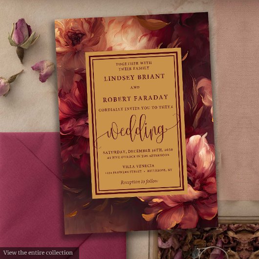 Romantic Luxury Burgundy Gold Roses Wedding Invite 招待状