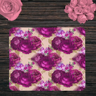 Romantic Magenta Roses and Gold Leaves on Peach マウスパッド