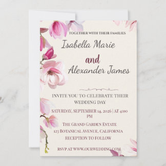 Romantic Magnolia Floral Burgundy Wedding Invitati 招待状