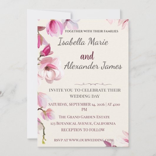Romantic Magnolia Floral Burgundy Wedding Invitati 招待状 (正面)