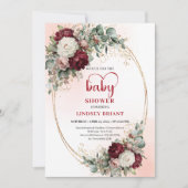Romantic Maroon Floral Gold Baby Shower Invite 招待状 (正面)