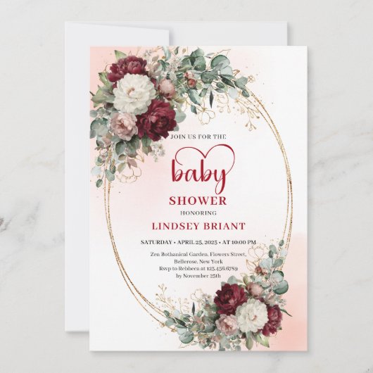 Romantic Maroon Floral Gold Baby Shower Invite 招待状 (正面)