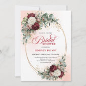 Romantic Maroon Floral Gold Bridal Shower Card 招待状 (正面)