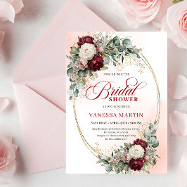 Romantic Maroon Floral Gold Bridal Shower Card 招待状