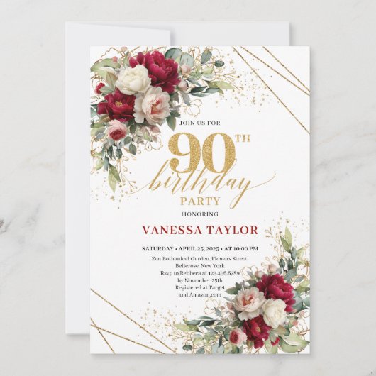 Romantic Maroon Rose Gold 90th Birthday Invitation 招待状 (正面)