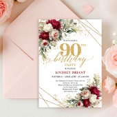 Romantic Maroon Rose Gold 90th Birthday Invitation 招待状