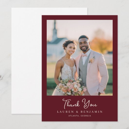 Romantic Maroon Wedding Photo サンキューカード (正面/裏面)