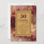 Romantic marsala blush gold floral 50th birthday 招待状 (正面)