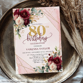 Romantic Marsala Blush Gold Flowers 80th Birthday  招待状