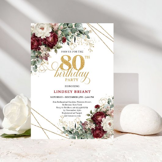 Romantic Marsala Eucalyptus 80th Birthday 招待状