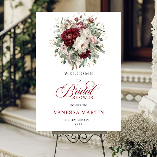 Romantic Marsala Floral Eucalyptus Welcome Sign ポスター