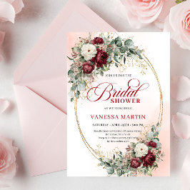 Romantic Marsala Floral Gold Bridal Shower Invite 招待状