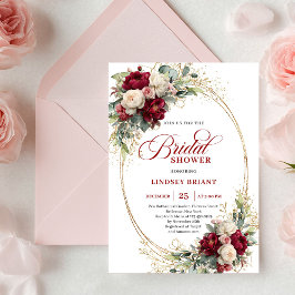 Romantic Marsala Floral Gold Bridal Shower Invite 招待状