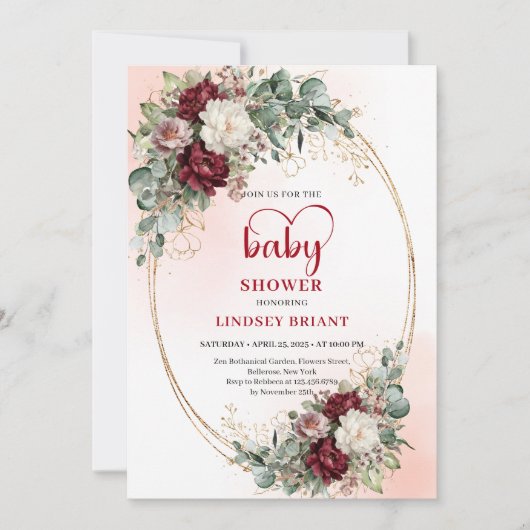 Romantic Marsala Flowers Heart-Shaped Font Baby 招待状 (正面)