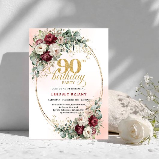 Romantic Marsala Peonies Eucalyptus 90th Birthday 招待状
