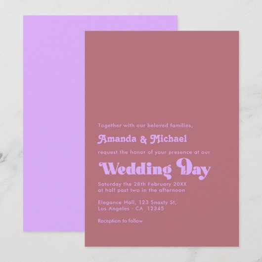 Romantic Mauve and Rose Gold Typography Wedding 招待状 (正面/裏面)