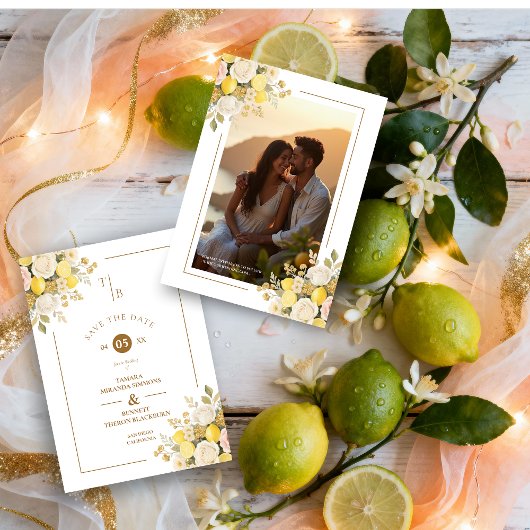 Romantic Mediterranean Lemons Floral Bunch Wedding セーブザデート