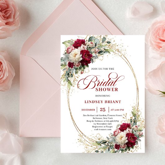 Romantic Merlot Roses Gold Bridal Shower Invites 招待状