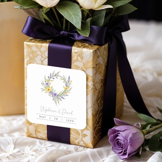 Romantic Minimal Wedding Yellow & Lavender Wreath スクエアシール