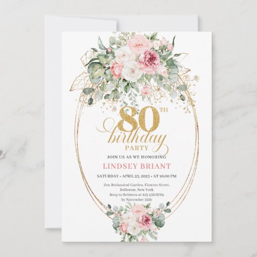 Romantic Minimalist Blush Floral 80th Birthday 招待状 (正面)