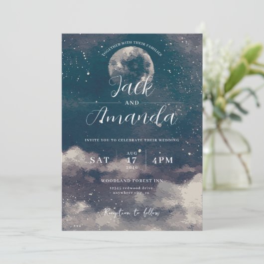 Romantic moonlight Watercolor wedding invitations 招待状 (スタンド正面)