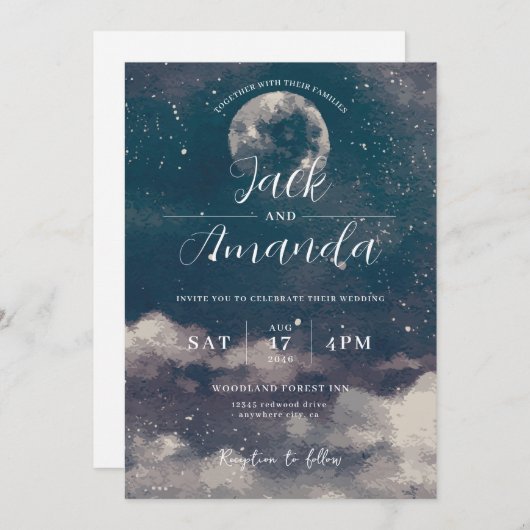 Romantic moonlight Watercolor wedding invitations 招待状 (正面/裏面)