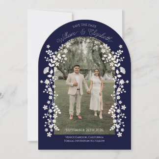 Romantic Navy Blue Floral Arch Save the Date 招待状