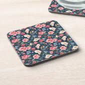 Romantic Navy Blue Floral Garden Pattern コースター (左側)