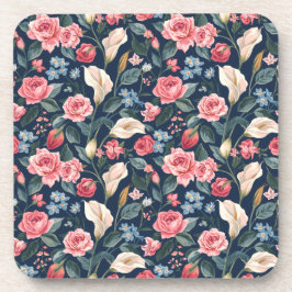 Romantic Navy Blue Floral Garden Pattern コースター