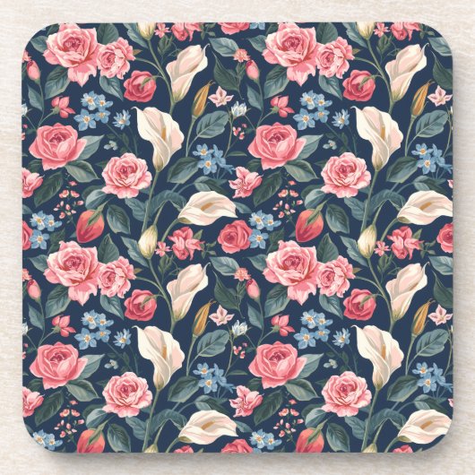 Romantic Navy Blue Floral Garden Pattern コースター (正面)