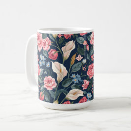 Romantic Navy Blue Floral Garden Pattern コーヒーマグカップ