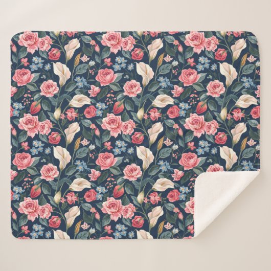 Romantic Navy Blue Floral Garden Pattern シェルパブランケット (正面(横))