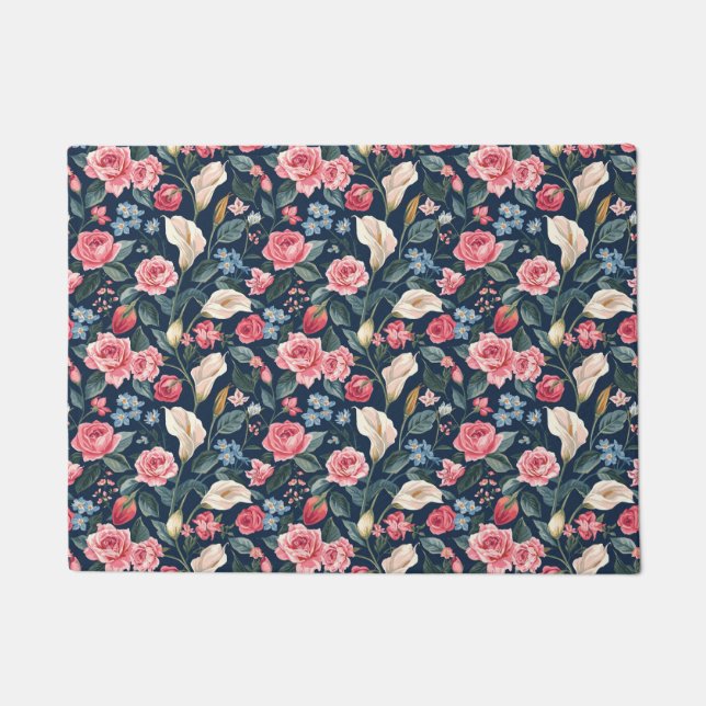 Romantic Navy Blue Floral Garden Pattern ドアマット (正面)