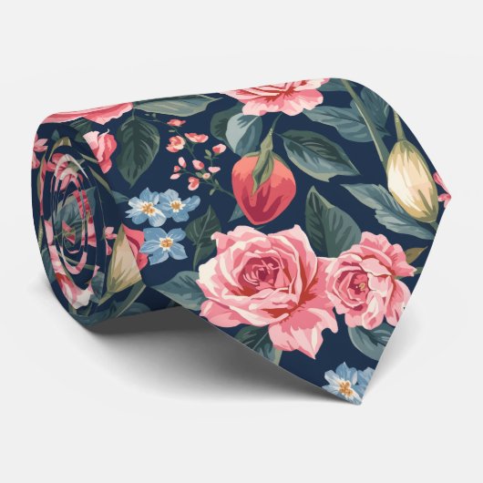 Romantic Navy Blue Floral Garden Pattern ネクタイ (ロール)