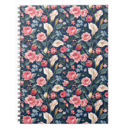 Romantic Navy Blue Floral Garden Pattern ノートブック