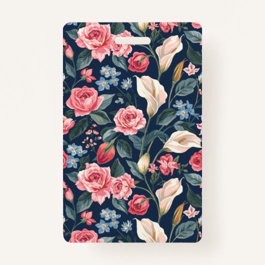 Romantic Navy Blue Floral Garden Pattern バッジ (正面)