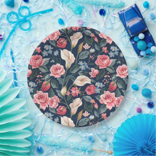 Romantic Navy Blue Floral Garden Pattern ペーパープレート (パーティー)