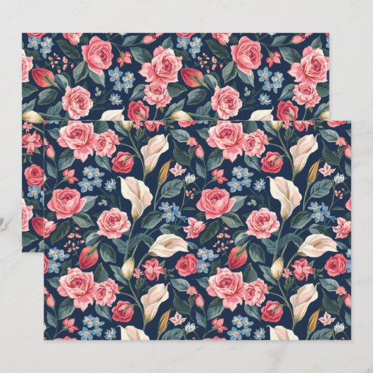 Romantic Navy Blue Floral Garden Pattern 招待状 (正面/裏面)