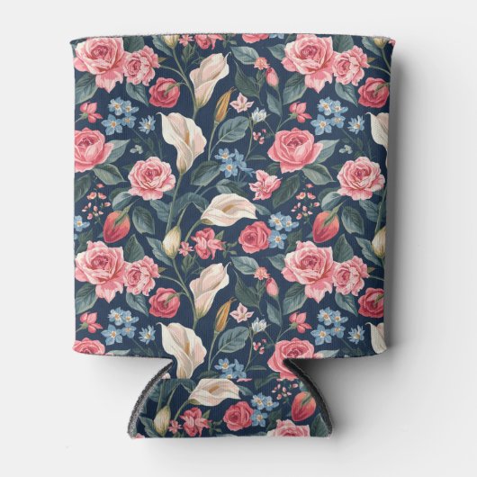 Romantic Navy Blue Floral Garden Pattern 缶クーラー (正面)