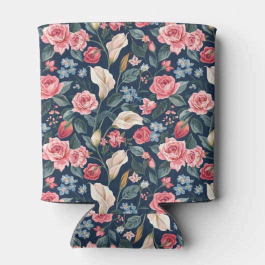 Romantic Navy Blue Floral Garden Pattern 缶クーラー (裏面)