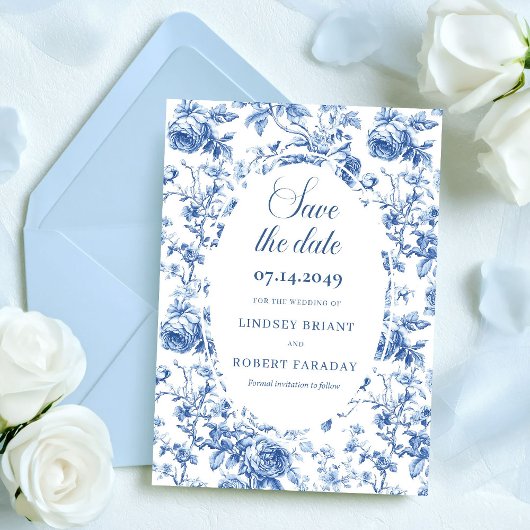 Romantic Navy Blue Floral Save the Date Wedding  招待状