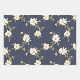 Romantic Navy Blue White Floral Bridal Shower ラッピングペーパーシート